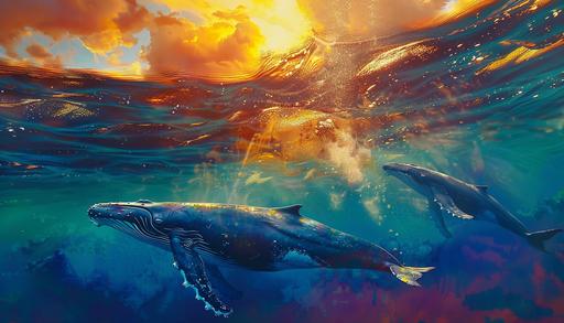 award winning painting, beautiful, humpback whale family, underwater, ocean, abstract, sunset, contemporary, --ar 7:4