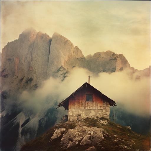 award winning photo of a small hut in the bavarian alps, develop the foto as a polaroid picture with faded colors