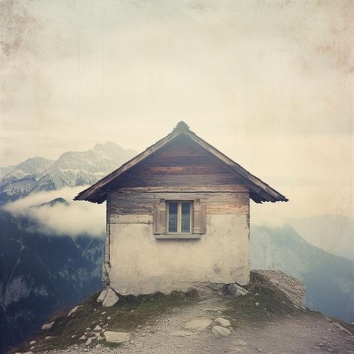 award winning photo of a small hut in the bavarian alps, develop the foto as a polaroid picture with faded colors