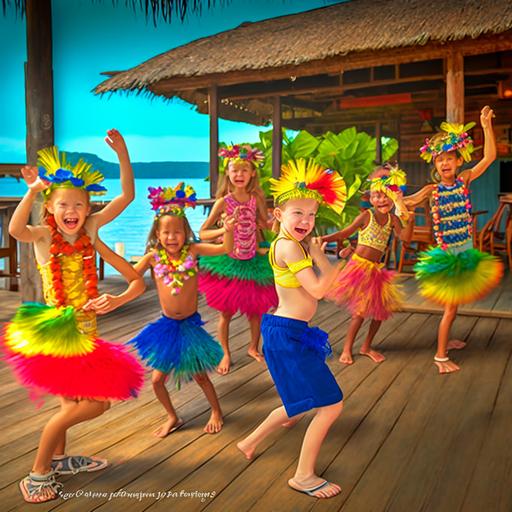 award-winning photo, tropicalpunk, six beautiful cute kids 7 years old in multicolored fruit dance costumes dancing the lambada in the chain on the wooden deck at a private white sand beach, spectators in tropical outfits on bar stools, applause, all in bright colors of tropical punk, photorealistic, Super Tilt Angle, Kawaii, Vibrant Colors, Colorful, Photorealistic, Ultra Wide Angle Lens, UHD, 16k, Vibrant and Shiny Kawaii, Depth of Field, Modern Photography, Super Sharp Focus, Color Correction, 35mm, Gamma, Complementary Colors, Global Illumination, reflections, expressive, unique, high quality, Canon EOS 5D Mark DSLR IV, f/5.6, shutter speed 1/125 second, ISO 100 , Adobe Photoshop, award, experimental technique, unusual angles, attention to detail --s 250