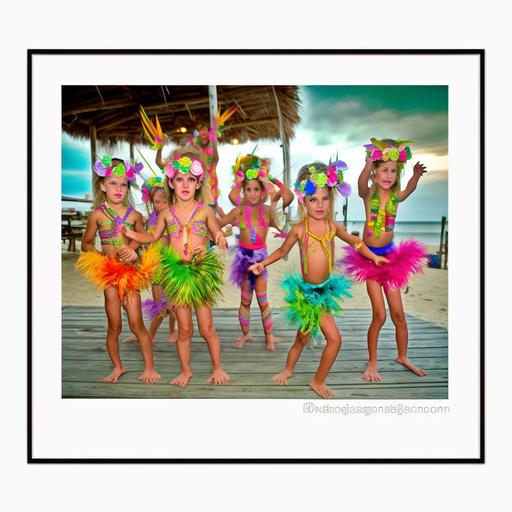 award-winning photo, tropicalpunk, six beautiful cute kids 7 years old in multicolored fruit dance costumes dancing the lambada in the chain on the wooden deck at a private white sand beach, spectators in tropical outfits on bar stools, applause, all in bright colors of tropical punk, photorealistic, Super Tilt Angle, Kawaii, Vibrant Colors, Colorful, Photorealistic, Ultra Wide Angle Lens, UHD, 16k, Vibrant and Shiny Kawaii, Depth of Field, Modern Photography, Super Sharp Focus, Color Correction, 35mm, Gamma, Complementary Colors, Global Illumination, reflections, expressive, unique, high quality, Canon EOS 5D Mark DSLR IV, f/5.6, shutter speed 1/125 second, ISO 100 , Adobe Photoshop, award, experimental technique, unusual angles, attention to detail --s 250