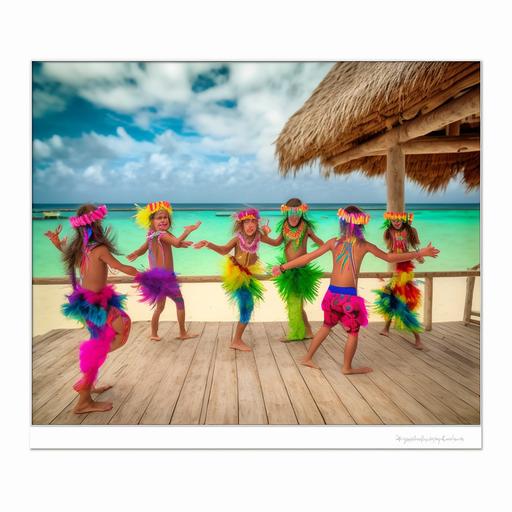 award-winning photo, tropicalpunk, six beautiful cute kids 7 years old in multicolored fruit dance costumes dancing the lambada in the chain on the wooden deck at a private white sand beach, spectators in tropical outfits on bar stools, applause, all in bright colors of tropical punk, photorealistic, Super Tilt Angle, Kawaii, Vibrant Colors, Colorful, Photorealistic, Ultra Wide Angle Lens, UHD, 16k, Vibrant and Shiny Kawaii, Depth of Field, Modern Photography, Super Sharp Focus, Color Correction, 35mm, Gamma, Complementary Colors, Global Illumination, reflections, expressive, unique, high quality, Canon EOS 5D Mark DSLR IV, f/5.6, shutter speed 1/125 second, ISO 100 , Adobe Photoshop, award, experimental technique, unusual angles, attention to detail --s 250