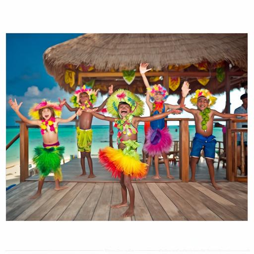 award-winning photo, tropicalpunk, six beautiful cute kids 7 years old in multicolored fruit dance costumes dancing the lambada in the chain on the wooden deck at a private white sand beach, spectators in tropical outfits on bar stools, applause, all in bright colors of tropical punk, photorealistic, Super Tilt Angle, Kawaii, Vibrant Colors, Colorful, Photorealistic, Ultra Wide Angle Lens, UHD, 16k, Vibrant and Shiny Kawaii, Depth of Field, Modern Photography, Super Sharp Focus, Color Correction, 35mm, Gamma, Complementary Colors, Global Illumination, reflections, expressive, unique, high quality, Canon EOS 5D Mark DSLR IV, f/5.6, shutter speed 1/125 second, ISO 100 , Adobe Photoshop, award, experimental technique, unusual angles, attention to detail --s 250