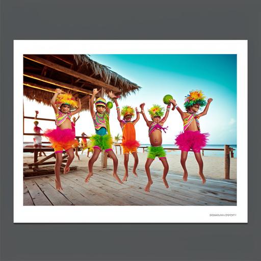 award-winning photo, tropicalpunk, six beautiful cute kids 7 years old in multicolored fruit dance costumes dancing the lambada in the chain on the wooden deck at a private white sand beach, spectators in tropical outfits on bar stools, applause, all in bright colors of tropical punk, photorealistic, Super Tilt Angle, Kawaii, Vibrant Colors, Colorful, Photorealistic, Ultra Wide Angle Lens, UHD, 16k, Vibrant and Shiny Kawaii, Depth of Field, Modern Photography, Super Sharp Focus, Color Correction, 35mm, Gamma, Complementary Colors, Global Illumination, reflections, expressive, unique, high quality, Canon EOS 5D Mark DSLR IV, f/5.6, shutter speed 1/125 second, ISO 100 , Adobe Photoshop, award, experimental technique, unusual angles, attention to detail --s 250