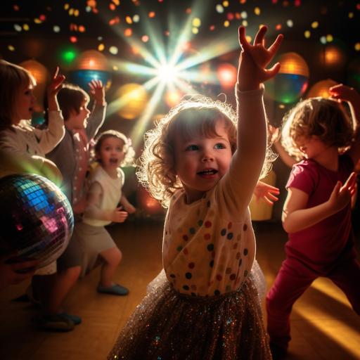 award winning photograph, dynamic lighting, preschool disco party, 1977, several toddlers, disco-ball, classroom, hdr, IT'S A DANCEOFF --style raw --v 5.1
