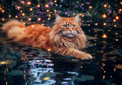 award winning photography close up of a full body image of a stunning epic gorgeous orange tabby persian cat doing water ballet among a garland of stars and fireflies beauitful gorgeous flowing tousled whispy whimsical gorgeous mane and tail made of dreams so beautiful you can't imagine --ar 20:14 --v 5.1 --s 1000 --q 4