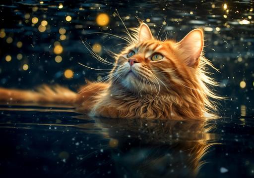 award winning photography close up of a full body image of a stunning epic gorgeous orange tabby persian cat doing water ballet among a garland of stars and fireflies beauitful gorgeous flowing tousled whispy whimsical gorgeous mane and tail made of dreams so beautiful you can't imagine --ar 20:14 --v 5.1 --s 1000 --q 4