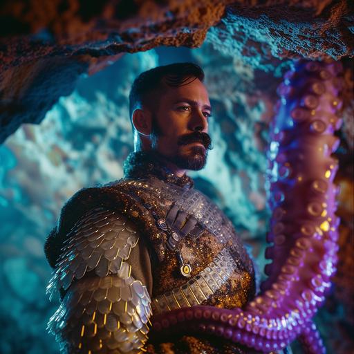 award winning photoshoot of a 30 yo butch man, big moustache in a futuristic military armour made of white shells, made of dracon scales, standing in a breathtaking spectacular rainbow cave , embraced by a gig purple iridescent octopus , hyperrealism, cinematic, photo taken by hasselblad   incredibly detailed, sharpen, details   professional lighting, photography lighting   50mm, 80mm, 100m , ultra-detail --v 6.0