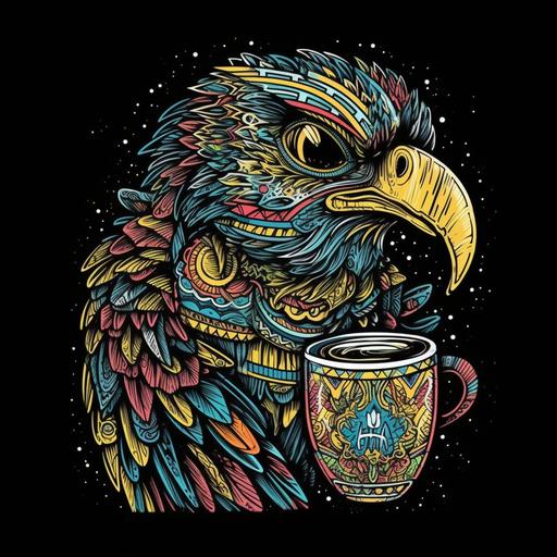 award winning tshirt design, colorful, cartoon hawk mother driking iced tea, black background --no mockup --v 5 --q 2 --s 750 --q 2 --s 750