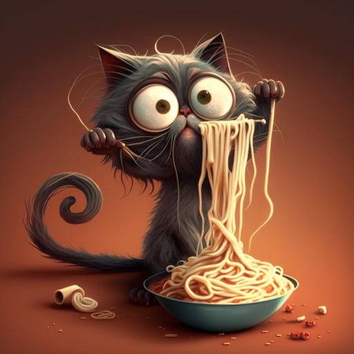cartoon cat eating spaghetti