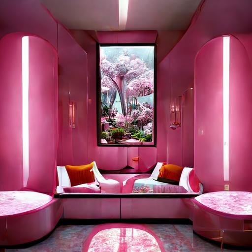 axo-madnes, koozarch, architectural digest, interior perspective, unreal engine 5, rule of thirds, leaving room, house of fluffy pink fabric, pink and chrome aluminum, reflections, shine, futuristic, invade by plants, tropical, rainy enviorment, designed by frank ghery and yayoi kusama, dramatic interior lights, ambient occlusion, beautiful lanscape, raytracing, high details, realistic, corona render
