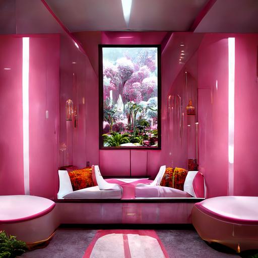 axo-madnes, koozarch, architectural digest, interior perspective, unreal engine 5, rule of thirds, leaving room, house of fluffy pink fabric, pink and chrome aluminum, reflections, shine, futuristic, invade by plants, tropical, rainy enviorment, designed by frank ghery and yayoi kusama, dramatic interior lights, ambient occlusion, beautiful lanscape, raytracing, high details, realistic, corona render