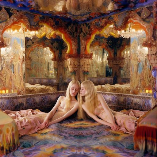 ayahuasca visions of lesbian passionate love materialized and captured in photograph taken from the front into a very large ornamental room in the heavenly palace of mirrors with a bed which stands in the center, in the bed lie very close together two kissing gorgeous 19-year-old blonde ethereal goddesses with tanned skin smiling gleefully at the camera, wearing brocate gowns and shorts, the light illuminates their faces which reflects the light back like a 🪞, they have long volumous hair and a deep intense gaze: 👁️ 🪞  👩‍❤️‍👩 fractalized, love what a concept, hyperrealistic, 70mm film, intrinsic detail, dramatic lighting, the photo is taken with a Nikon Coolpix P1000 --q 2 --v 5 --upbeta --q 2