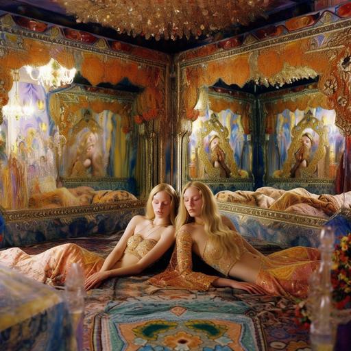 ayahuasca visions of lesbian passionate love materialized and captured in photograph taken from the front into a very large ornamental room in the heavenly palace of mirrors with a bed which stands in the center, in the bed lie very close together two kissing gorgeous 19-year-old blonde ethereal goddesses with tanned skin smiling gleefully at the camera, wearing brocate gowns and shorts, the light illuminates their faces which reflects the light back like a 🪞, they have long volumous hair and a deep intense gaze: 👁️ 🪞  👩‍❤️‍👩 fractalized, love what a concept, hyperrealistic, 70mm film, intrinsic detail, dramatic lighting, the photo is taken with a Nikon Coolpix P1000 --q 2 --v 5 --upbeta --q 2