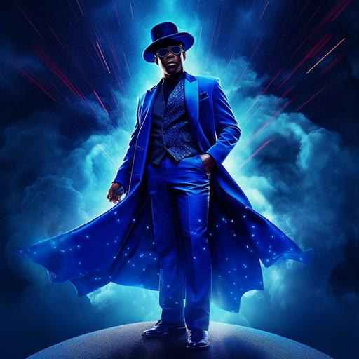 a black male superhero character, regal, celestial, royal blue suit and pants, royal blue shoes, royal blue top hat, royal blue cape, royal blue sunglasses, blue aura, surrounded by blue energy, blue cosmic background, photorealistic, cinematic