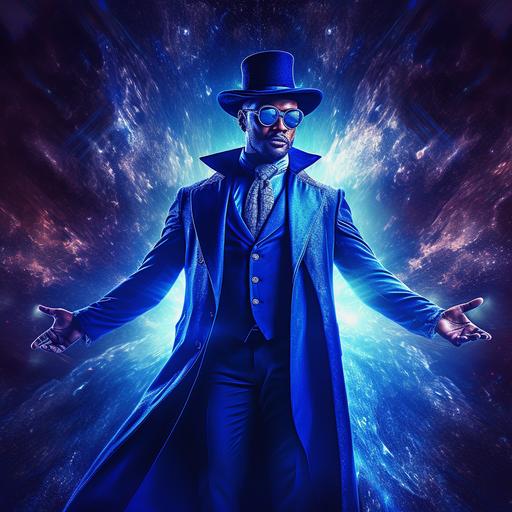 a black male superhero character, regal, celestial, royal blue suit and pants, royal blue shoes, royal blue top hat, royal blue cape, royal blue sunglasses, blue aura, surrounded by blue energy, blue cosmic background, photorealistic, cinematic