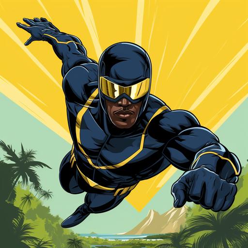 a black male superhero character wearing a navy blue and yellow skintight combat suit with a matching headpiece that covers his head but exposes his face and hair, pitch black eyes with no irises, funky haircut, swinging acrobatically through the air over an island in the background, comic book cartoon art style, dynamic pose, action pose, hand drawn animation