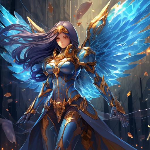 a female superhero character, anime art style, blue skin, long blue hair, blue armor with gold accents, blue and gold tiara, glowing blue eyes, angelic warrior queen, massive glowing blue wings, glowing blue sword, flying into battle, cosmic blue background, full body image, hand drawn animation, comic book superhero art style, action pose, dynamic pose, cinematic anime