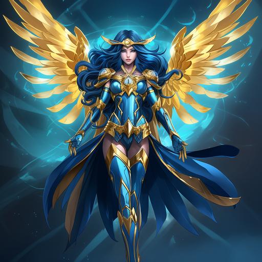 a female superhero character, anime art style, blue skin, long blue hair, blue armor with gold accents, blue and gold tiara, glowing blue eyes, angelic warrior queen, massive glowing blue wings, glowing blue sword, flying into battle, cosmic blue background, full body image, hand drawn animation, comic book superhero art style, action pose, dynamic pose, cinematic anime