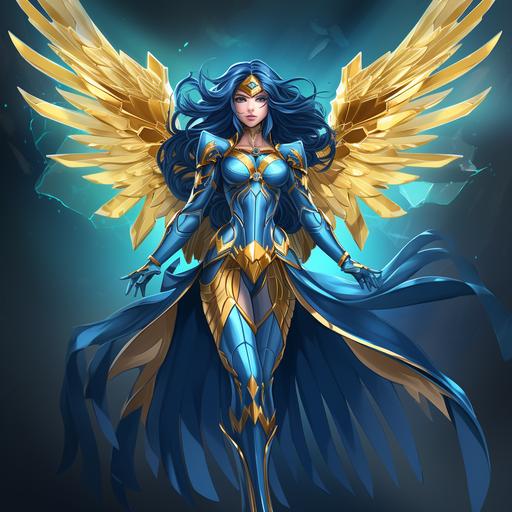 a female superhero character, anime art style, blue skin, long blue hair, blue armor with gold accents, blue and gold tiara, glowing blue eyes, angelic warrior queen, massive glowing blue wings, glowing blue sword, flying into battle, cosmic blue background, full body image, hand drawn animation, comic book superhero art style, action pose, dynamic pose, cinematic anime