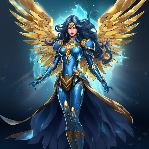 a female superhero character, anime art style, blue skin, long blue hair, blue armor with gold accents, blue and gold tiara, glowing blue eyes, angelic warrior queen, massive glowing blue wings, glowing blue sword, flying into battle, cosmic blue background, full body image, hand drawn animation, comic book superhero art style, action pose, dynamic pose, cinematic anime