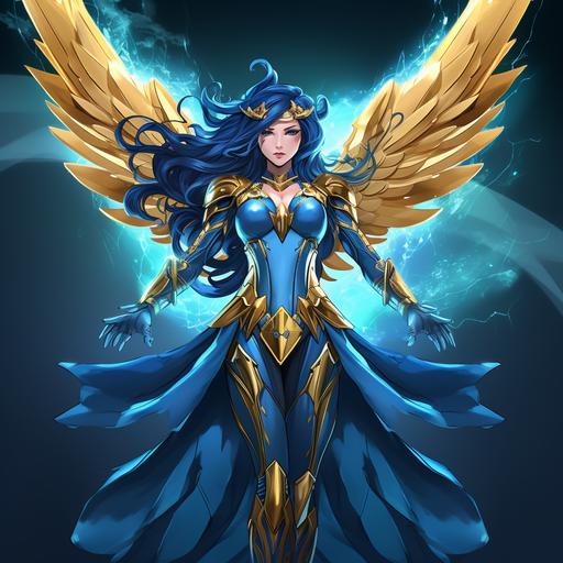 a female superhero character, anime art style, blue skin, long blue hair, blue armor with gold accents, blue and gold tiara, glowing blue eyes, angelic warrior queen, massive glowing blue wings, glowing blue sword, flying into battle, cosmic blue background, full body image, hand drawn animation, comic book superhero art style, action pose, dynamic pose, cinematic anime