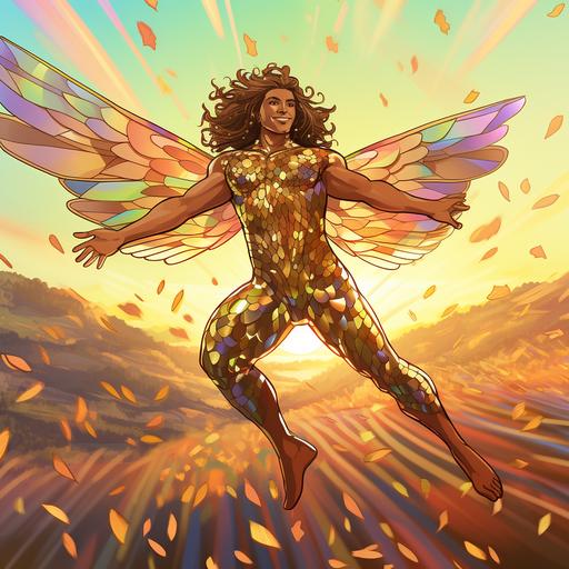 a gold skinned male superhero character with tiger swallowtail butterfly wings, long colorful hair, barefoot, holographic iridescent rainbow form fitting superhero body suit, sparkly colorful glittery aura surrounding him, comic book cartoon art style, hand drawn animation, dynamic pose, full body, flying over a field of gold with a rainbow sunset background