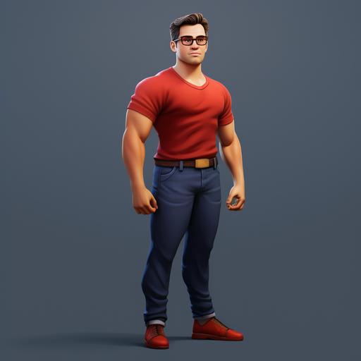 a nerdy white male with thick glasses, strong build, kinda looks like Clark Kent socially awkward, red tee shirt and navy sweatpants, full body, realistic