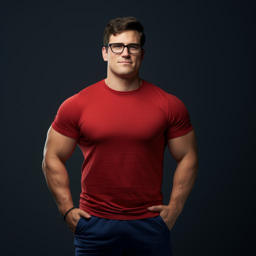 a nerdy white male with thick glasses, strong build, kinda looks like Clark Kent socially awkward, red tee shirt and navy sweatpants, full body, photorealistic