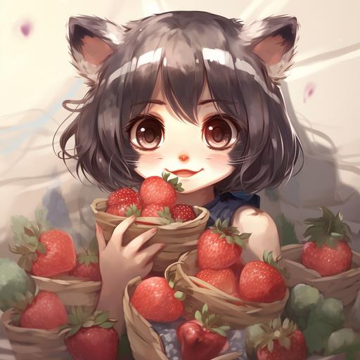 18 years old short hair girl with raccoon ears, raccoon hair color, big eyes, cute, anime style, holding strawberries, full body portrait, Japanese, smiling face