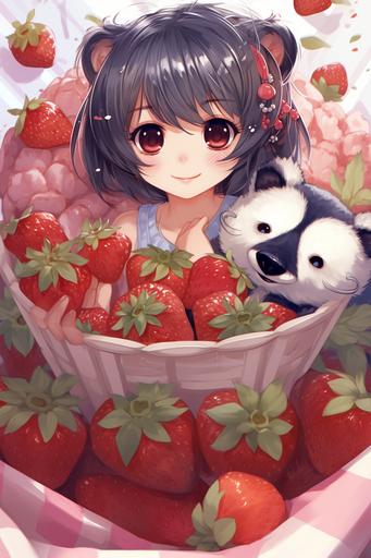 18 years old short hair girl with raccoon ears, raccoon hair color, big eyes, cute, anime style, holding strawberries, full body portrait, Japanese, smiling face