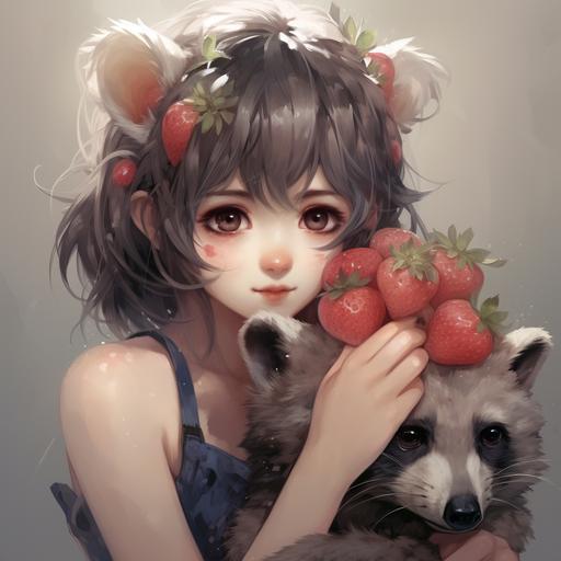 18 years old short hair girl with raccoon outlook, cute, anime style, holding strawberries, hold bodies from head to toe, Japanese