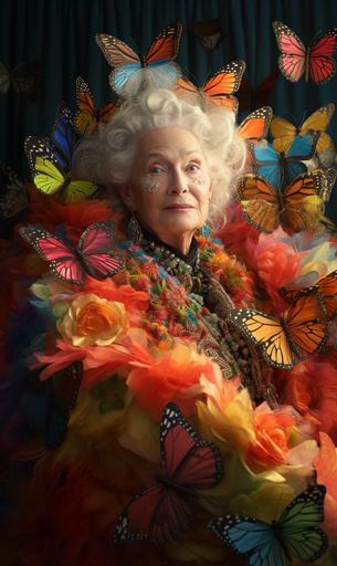 a portrait of a old lady dressed with faerietale couture elegant robe made with colorful butterflies ultra realist, 4K, extreme detail, cinematic shot, american shot framing, 35 mm Sony a7IV, ultra detailed, shallow dof, photorealistic, ultra realistic, ultra high definition, movie still, 70mm camera photography, cinematic photography, hyper realistic, intricate detail, Kodachrome, documentary photography --ar 3:5