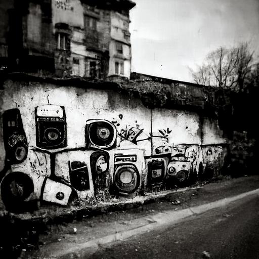 /b black and white, old wall filled with lots of old grafitti, 90s style, ghetto, boombox in the background, cracks in the pavement, nature growing in the wall, hyperrealistic, blurred background