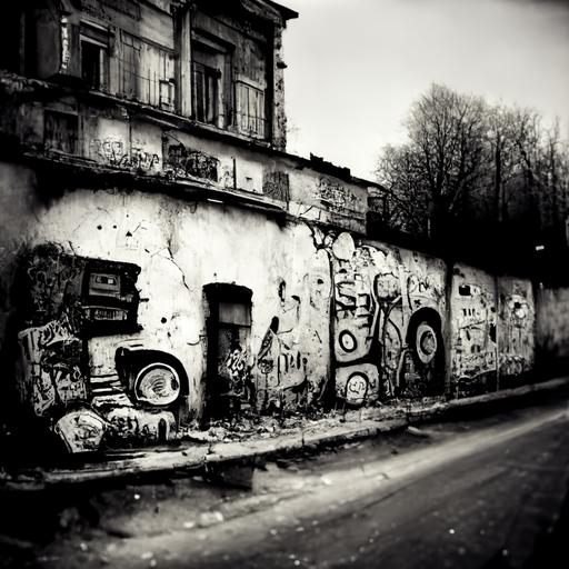 /b black and white, old wall filled with lots of old grafitti, 90s style, ghetto, boombox in the background, cracks in the pavement, nature growing in the wall, hyperrealistic, blurred background