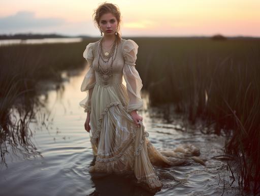 A photo of a young woman model standing feet in the water of a sunset lit marsh, she is wearing a lavishly extravagant chiffon prairie dress with jewelry accents and trim on the dress that is inspired by French couture, elegant stitching, bold lines, monochromatic, earthy, Jean Paul Gaultier Couture, fashion standout, Canon EF 35mm f/1.4L II USM Lens, ISO 100, twilight, dusk --ar 4:3 --v 6.0