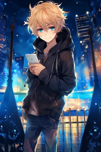 the guy of this photo is holding a smartphone. He is blue eyes. Chibi anime style.