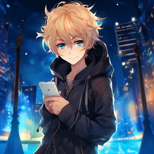 the guy of this photo is holding a smartphone. He is blue eyes. Chibi anime style.