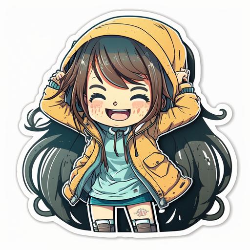 sticker::4 cute happy kawaii girl wearing hoodie cartoon style, smiley face, laughing hard, cartoon Very deformed characters, seamless background, cute, deformed, contour, vibrant, vector, white background::4 --s 250 --q 2 --v 4