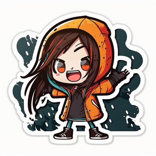 sticker::4 cute happy kawaii girl wearing hoodie cartoon style, smiley face, laughing hard, cartoon Very deformed characters, seamless background, cute, deformed, contour, vibrant, vector, white background::4 --s 250 --q 2 --v 4