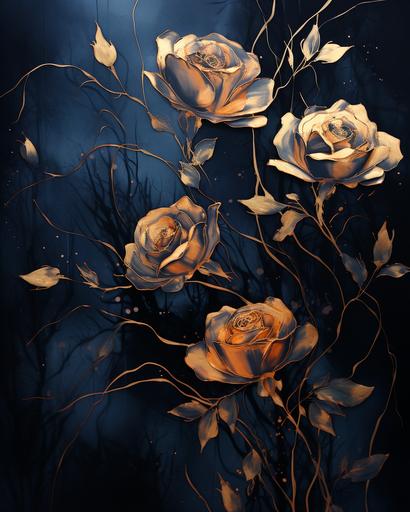 dark moody roses symbolizing chaos and depression dark moody background, disappearing like a ghost in alcohol ink style. Simple, lots of delicate gold details --ar 16:20
