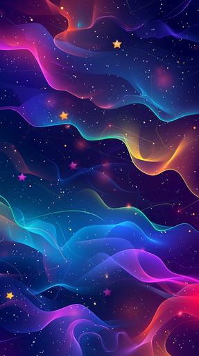 synthwave vector illustration, subtle waves of neon and gold particles, translucent stars, blurred soft clouds, diagonal gradient background of bright holographic colors, abstract, minimalist, gauzy::1.1 translucent cute rocketships, paw prints, hearts, neon outlines::1.1 --ar 9:16 --v 6.0