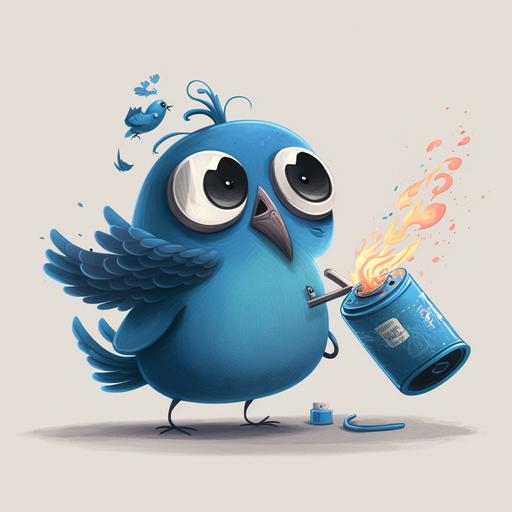 a blue cartoon bird using a fire extinguisher with its wings as hands to extinguish a fire