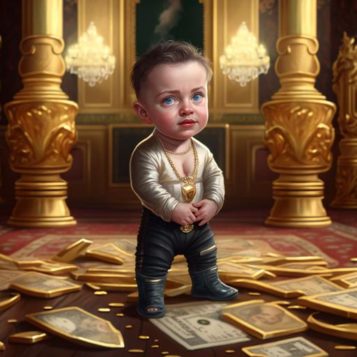 baby Elon musk, cartoon, full body, dollars, diamonds, gold, bitcoins, mansion background, hyper realistic, 4k, --v 4