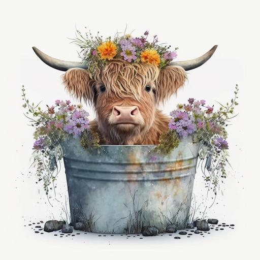 baby Highland cartoon Cow-calf wearing a crown of flowers and flowing with flowers in a pot