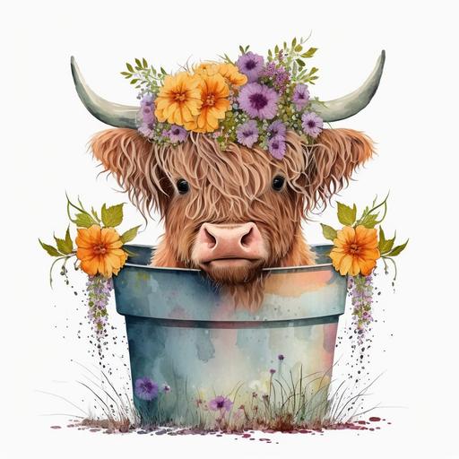 baby Highland cartoon Cow-calf wearing a crown of flowers and flowing with flowers in a pot