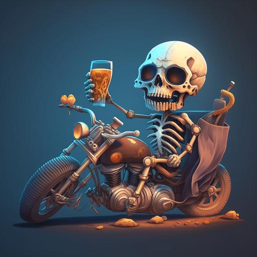 baby Skeleton animated drinking beer while riding motorcycle on the highway