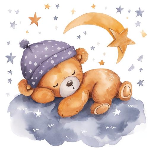 baby bear sleeping on the decrescent, with stars, bear wearing hat, watercolor illustration, cute illustration style --v 6.0