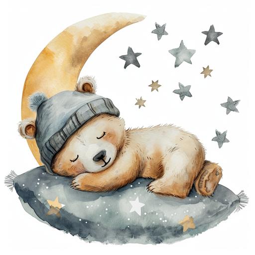 baby bear sleeping on the decrescent, with stars, bear wearing hat, watercolor illustration, retro style --v 6.0