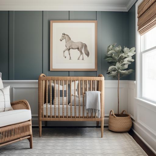 baby boy nursery with wainscotting and animal wallpaper, slate blue, rattan rocking horse